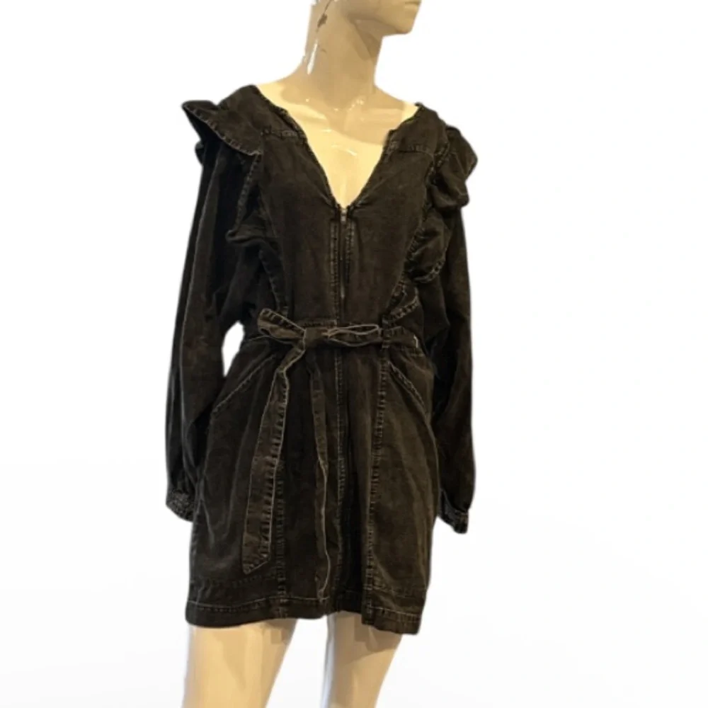 Free People Imogene Black Washed Denim Ruffled Mini Dress Size Medium - Picture 5 of 14